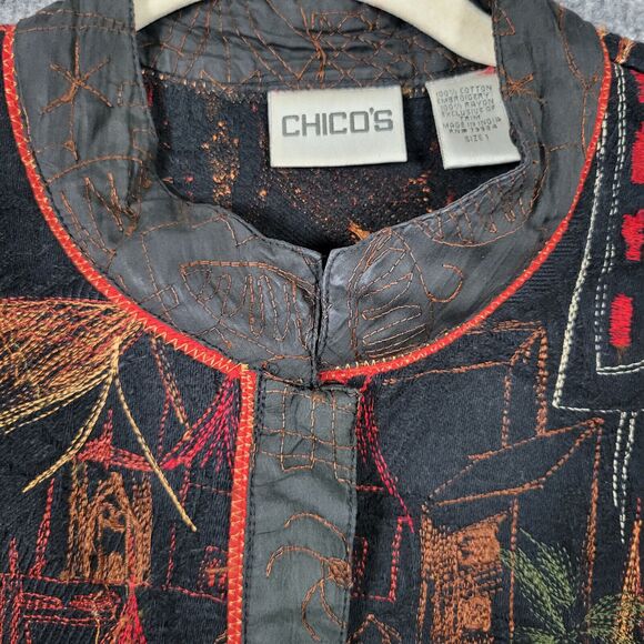 CHICOS Black Red Artsy Town Building Temple Embroider Jacket SIZE 1 US MEDIUM 8 - Picture 5 of 14